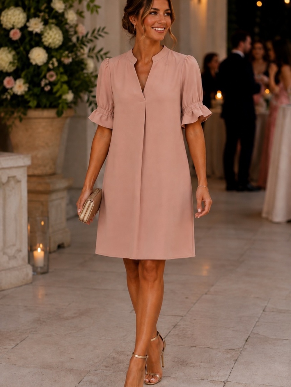 Pink A-line dress short flutter sleeves M date night event guest feminine